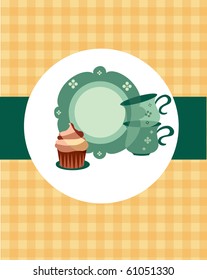 plate and cups beside dessert on retro background, menu template