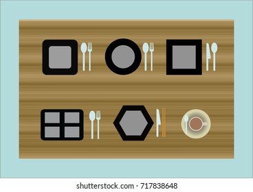 Plate cups and spoons top view icon on wooden table vector illustration