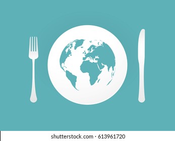 Plate with cutlery and blue world map