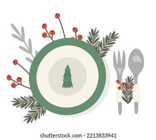 Plate and cutlery with Christmas decoration, festive table setting, top view. Vector illustration for a New Year's card, banner, menu, flyer