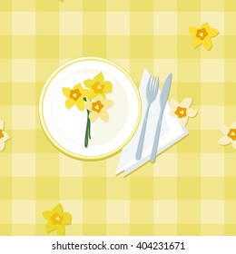 Plate, cutlery and daffodils - vector background