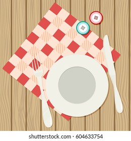 Plate with cutlery. Dinner flat vector background.