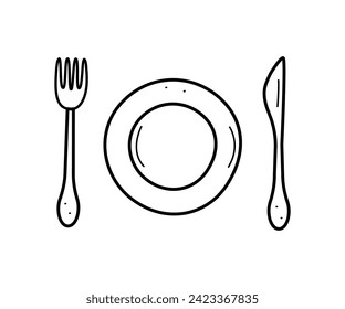 Plate and cutlery doodle icon. Vector illustration Table set fork knife.