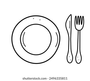 Icono de doodle de plato y cubiertos. Juego de mesa de Ilustración vectorial cuchillo de tenedor.