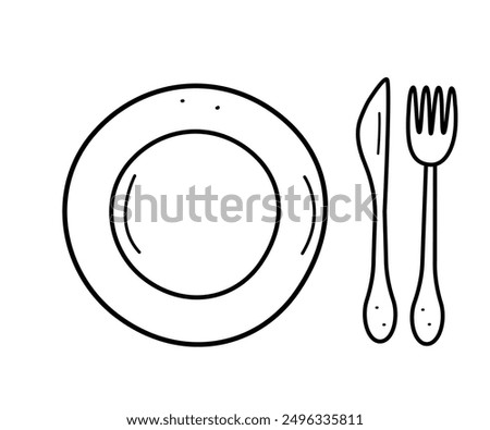 Plate and cutlery doodle icon. Vector illustration Table set fork knife.