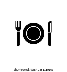 Plate and Cutlery, Fork, Knife. Flat Vector Icon illustration. Simple black symbol on white background. Plate and Cutlery, Fork, Knife sign design template for web and mobile UI element