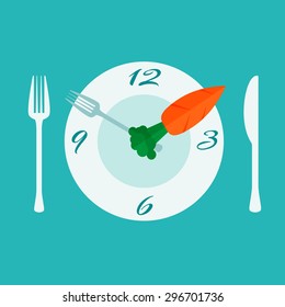 Plate with cutlery - fork and knife. Time to eat. Diet. Flat vector illustration