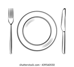 Plate with cutlery. Knife and fork. Vector illustration.