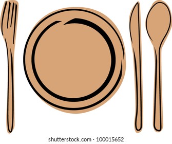 Plate with Cutlery - knives, spoons and fork on white background. Vector illustration.