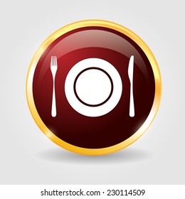 Plate with cutlery on the red shiny button with metallic elements, vector design for website.