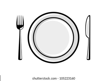 Plate and cutlery on white background