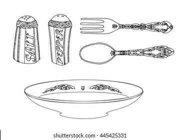 Plate with cutlery, salt and pepper. Hand drawn vector stock illustration. Black and white whiteboard drawing.