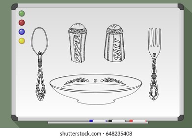 Plate with cutlery, salt and pepper. Hand drawn vector stock illustration. Black and white whiteboard drawing.