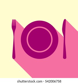 Plate with cutlery sign. Flirt color icon with cyclamen flat style shadow path on cream background.