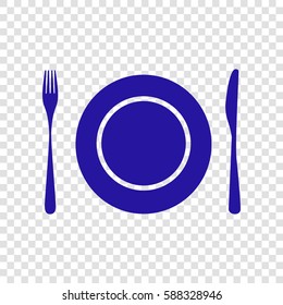 Plate with cutlery sign. Vector. Blue icon on transparent background.