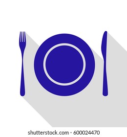 Plate with cutlery sign. Vector. Blue icon with flat style shadow path on white background.