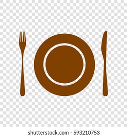 Plate with cutlery sign. Vector. Brown icon on transparent background.