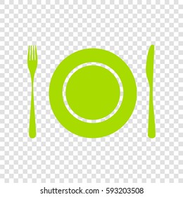 Plate with cutlery sign. Vector. Chartreuse icon on transparent background.