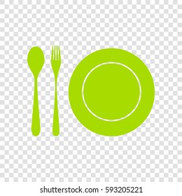 Plate with cutlery sign. Vector. Chartreuse icon on transparent background.