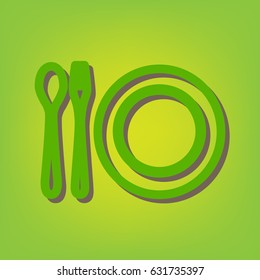 Plate with cutlery sign. Vector. Green line icon with brown shadow at green-yellow background.