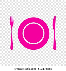 Plate with cutlery sign. Vector. Magenta icon on transparent background.