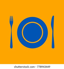 Plate with cutlery sign. Vector. Medium teal blue icon on orange background.