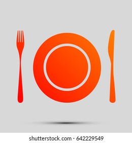 Plate with cutlery sign. Vector. Orange, red-yellow icon with shadow on gray background.
