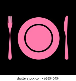 Plate with cutlery sign. Vector. Pink icon on black background.