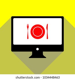 Plate with cutlery sign. Vector. Red icon on white monitor of black all-in-one desktop computer with two shadows at yellow background.