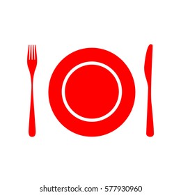 Plate with cutlery sign. Vector. Red icon on white background. Isolated.