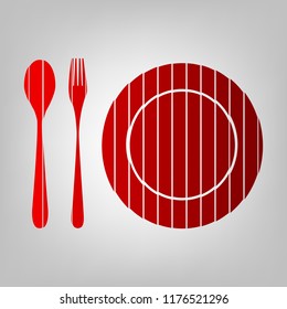 Plate with cutlery sign. Vector. Vertically divided icon with colors from reddish gradient in gray background with light in center.