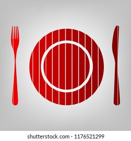 Plate with cutlery sign. Vector. Vertically divided icon with colors from reddish gradient in gray background with light in center.