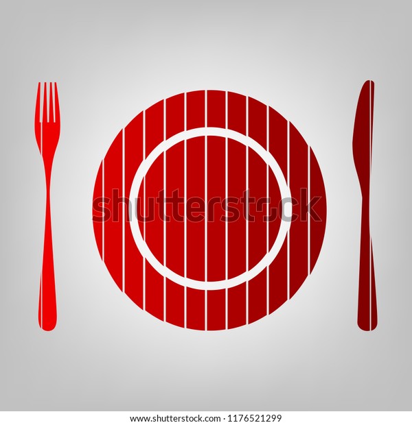 Plate with cutlery sign. Vector. Vertically\
divided icon with colors from reddish gradient in gray background\
with light in center.