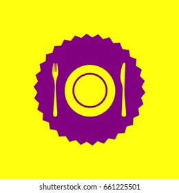Plate with cutlery sign. Vector. Violet label with hole as icon on yellow background.