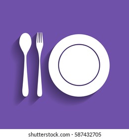 Plate with cutlery sign. Vector. White icon with soft shadow on grape violet background.