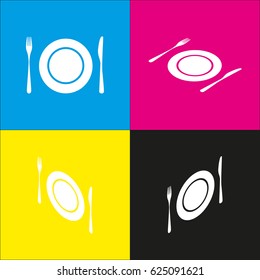 Plate with cutlery sign. Vector. White icon with isometric projections on cyan, magenta, yellow and black backgrounds.