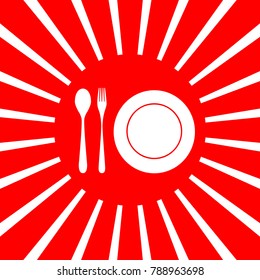 Plate with cutlery sign. Vector. White icon on red sun with rays as background. Isolated.