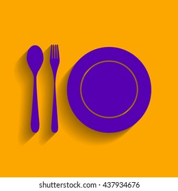 Plate with cutlery sign. Violet icon with shadow on orange background.