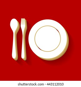 Plate with cutlery sign. White button icon with wood color and shadow on dark red background.