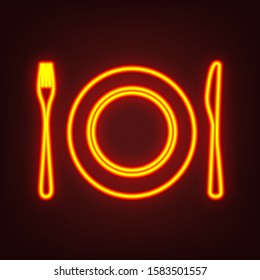 Plate with cutlery sign. Yellow, orange, red neon icon at dark reddish background. Illumination. Illustration.