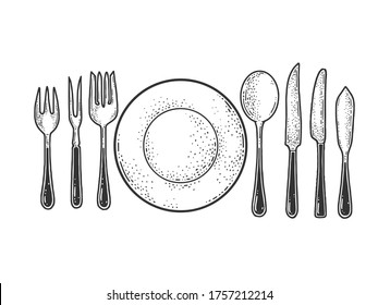 plate and cutlery sketch engraving vector illustration. T-shirt apparel print design. Scratch board imitation. Black and white hand drawn image.