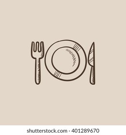 Plate With Cutlery Sketch Icon.