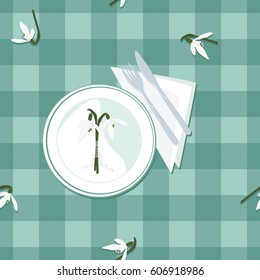 Plate, cutlery and snowdrops - vector background