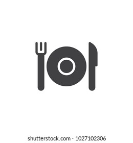 Plate with cutlery vector icon. filled flat sign for mobile concept and web design. Fork and knife with plate simple solid icon. Meal symbol, logo illustration. Pixel perfect vector graphics