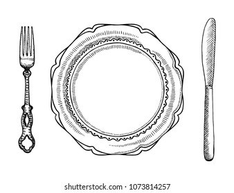 plate and cutlery vector sketch. hand drawing isolated