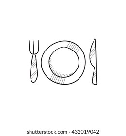 Plate with cutlery vector sketch icon isolated on background. Hand drawn Plate with cutlery icon. Plate with cutlery sketch icon for infographic, website or app.