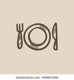 Plate with cutlery vector sketch icon isolated on background. Hand drawn Plate with cutlery icon. Plate with cutlery sketch icon for infographic, website or app.