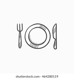 Plate with cutlery vector sketch icon isolated on background. Hand drawn Plate with cutlery icon. Plate with cutlery sketch icon for infographic, website or app.