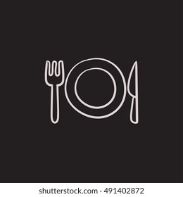 Platte mit Besteck, Vektorgrafik Symbol einzeln auf Hintergrund. Handgezeichnete Platte mit Besteck-Symbol. Plate mit Besteck-Skizze-Symbol für Infografik, Website oder App.
