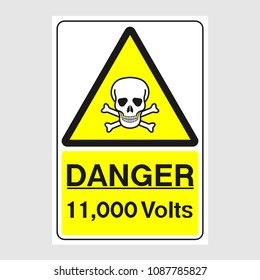 Plate: "Danger. 11,0000 Volts". Sign: "Danger. 11,000 Volts" on a gray background